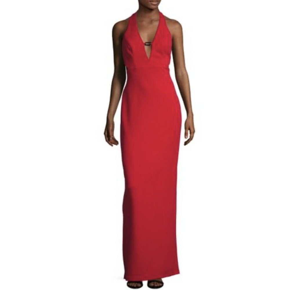 NWT Women's ABS Collection Red Plunging Neck Open Back Column Dress Sz 12